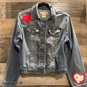 Denim Jacket with Red Heart Patches
